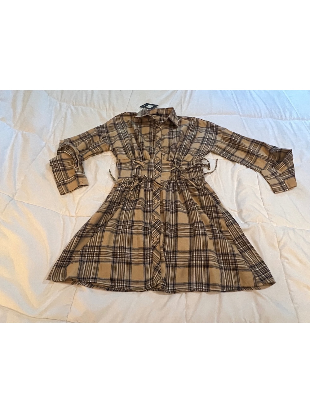 New Fall tan brown plaid dress corset waist long sleeve Country Women’s medium